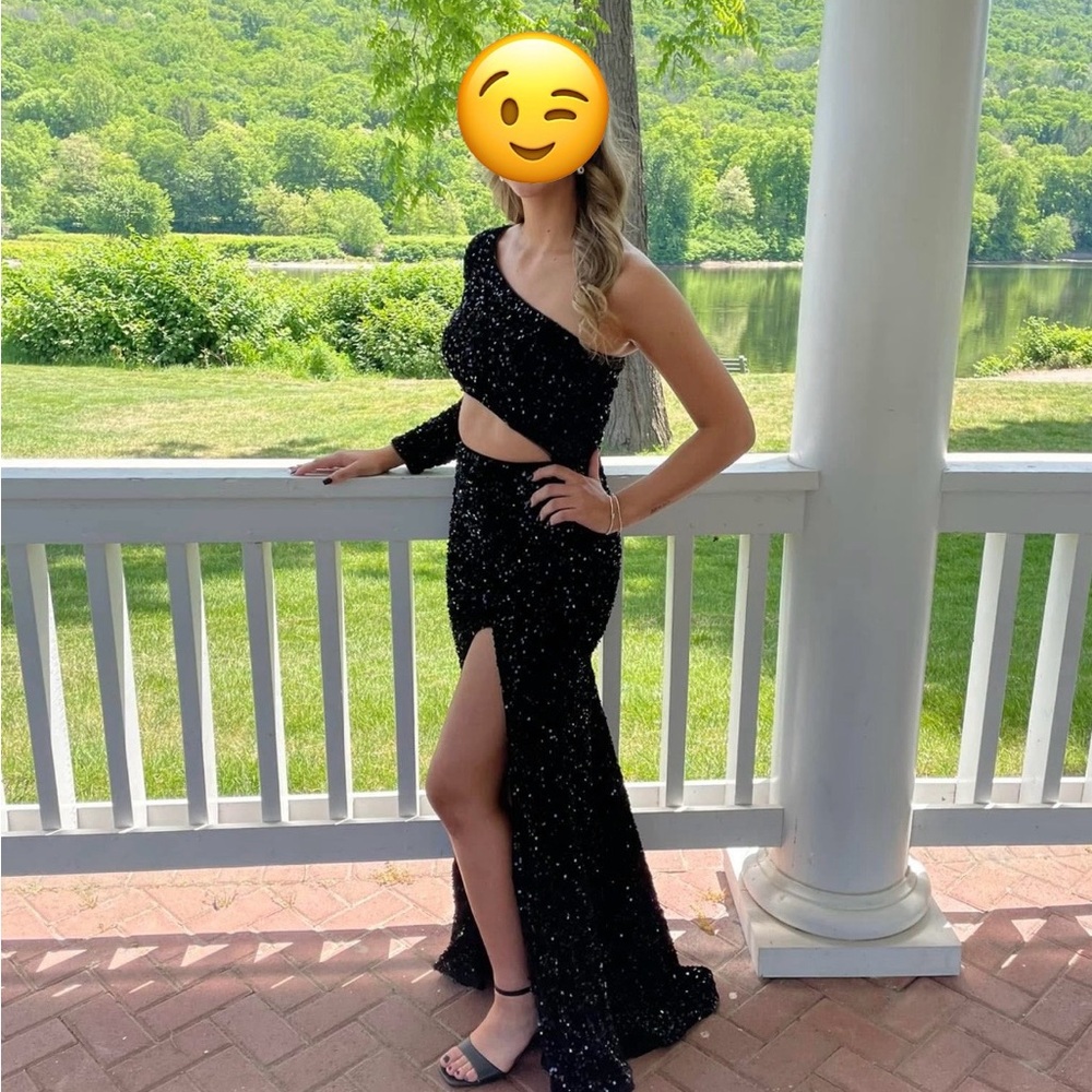 Black Sequin Asymmetrical Gown with Slit